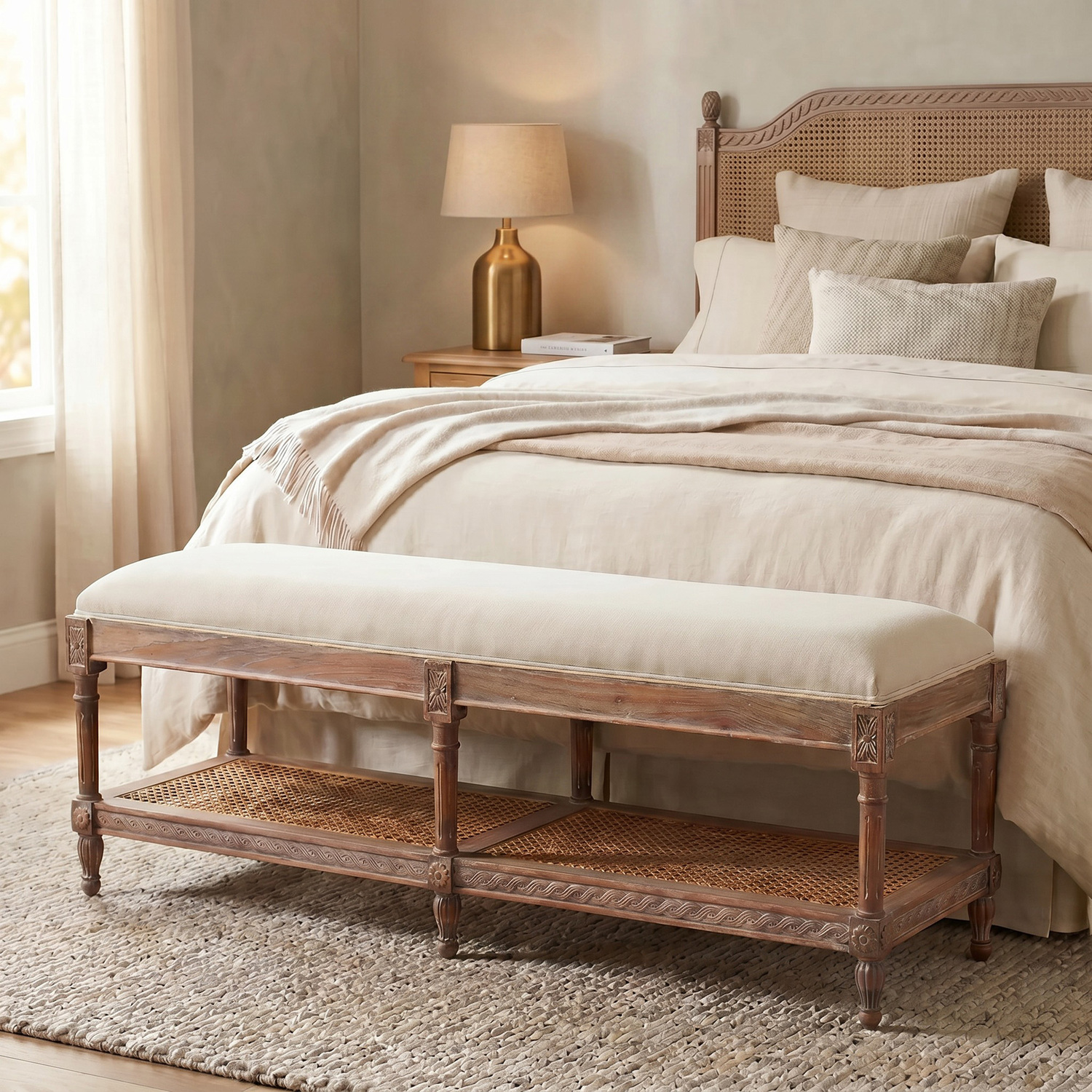 Natural Marseille Mindi Wood Bedroom Bench