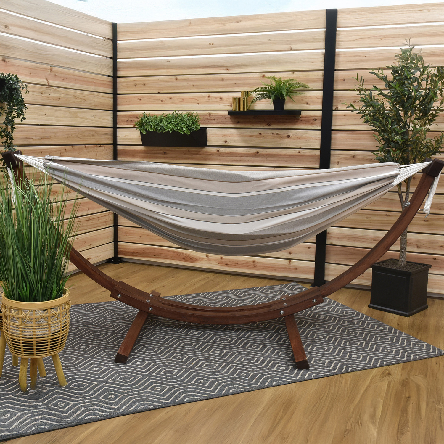 Dove Stripe Sunbrella Double Hammock with Stand