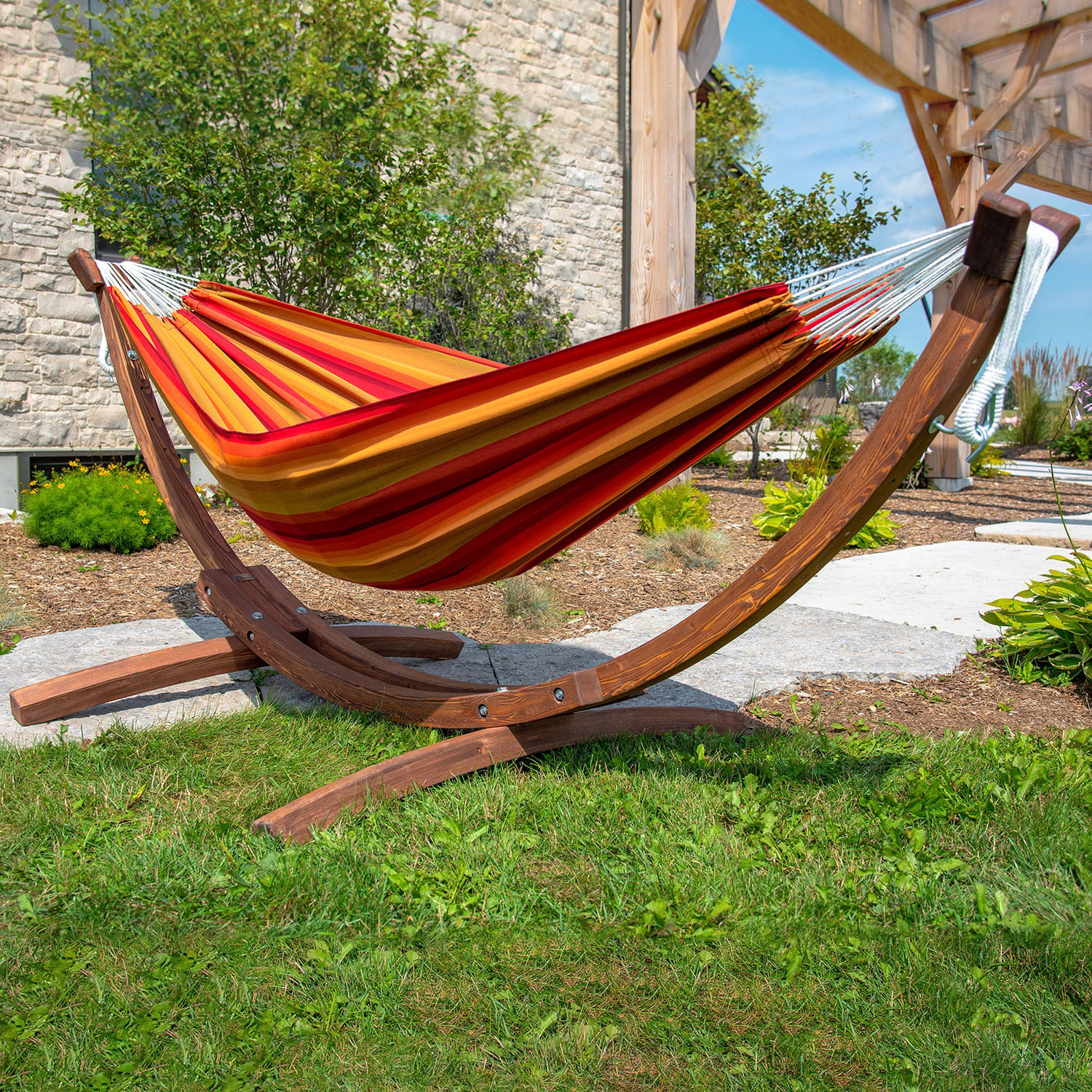 Sunset Stripe Sunbrella Double Hammock with Stand