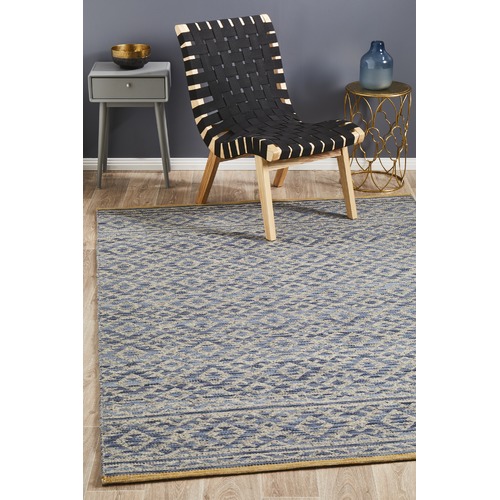 Navy Blue & Linen Hand Woven Modern Tribal Rug