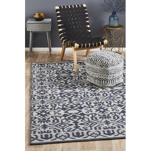 Silver & Navy Hand Woven Modern Tribal Rug