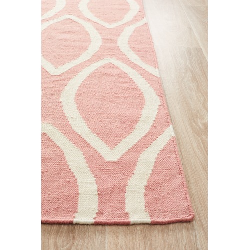 Soft Pink Flat Weave Oval Print Wool Rug