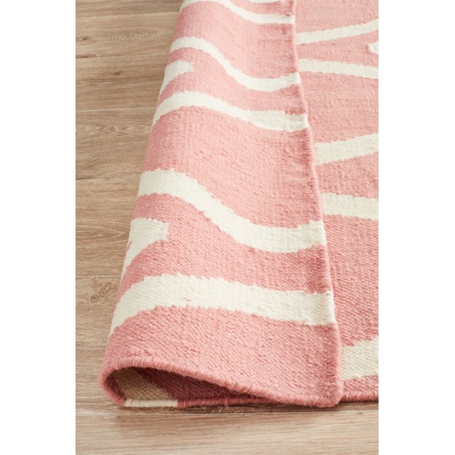 Soft Pink Flat Weave Oval Print Wool Rug