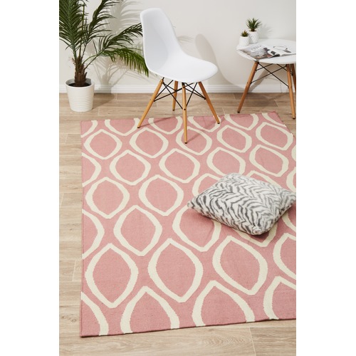Soft Pink Flat Weave Oval Print Wool Rug