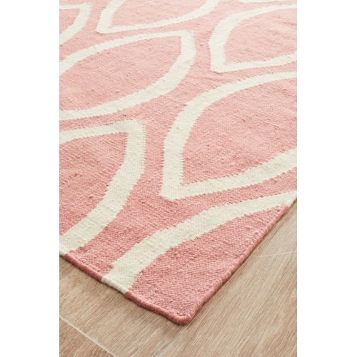 Soft Pink Flat Weave Oval Print Wool Rug
