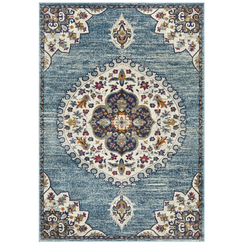 Blue Medallion Vintage Look Round Rug