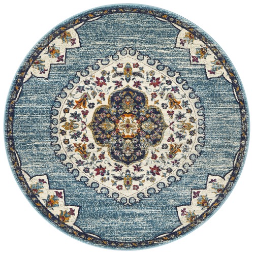 Blue Medallion Vintage Look Round Rug