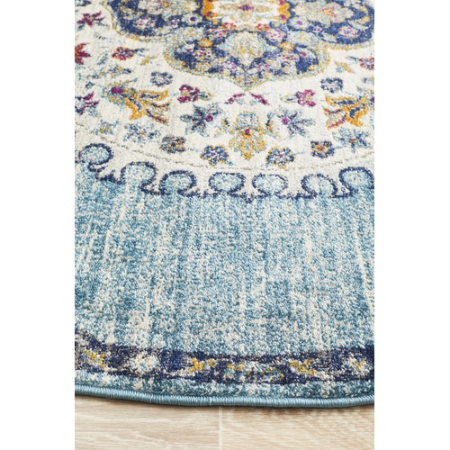 Blue Medallion Vintage Look Round Rug