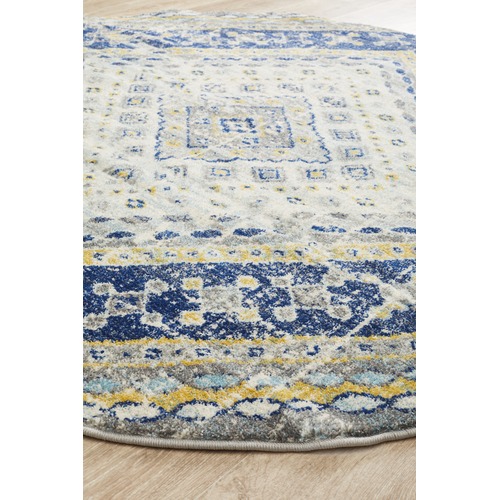 Navy & Ivory Diamond Vintage Look Round Rug