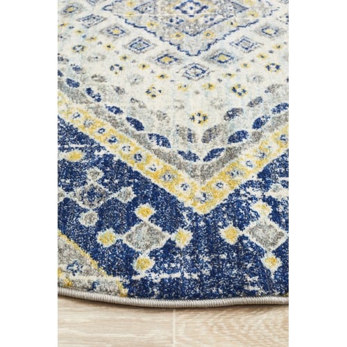Navy & Ivory Diamond Vintage Look Round Rug