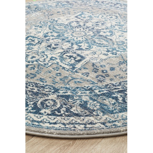 Sky Blue Florette Vintage Look Round Rug