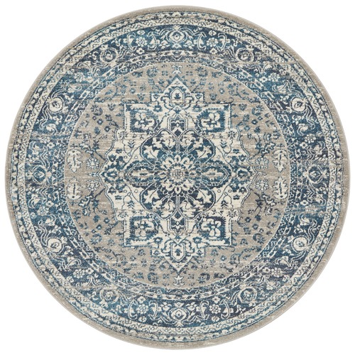 Sky Blue Florette Vintage Look Round Rug