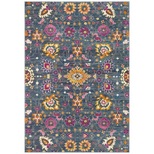 Blue Floral Field Vintage Look Round Rug