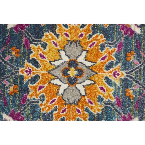 Blue Floral Field Vintage Look Round Rug