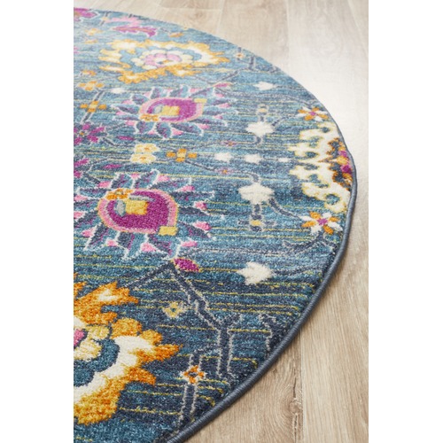 Blue Floral Field Vintage Look Round Rug
