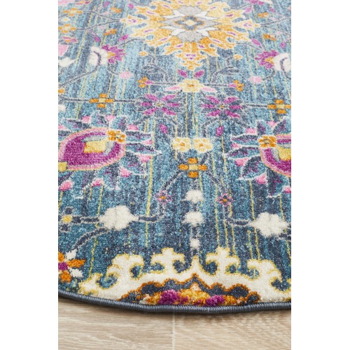 Blue Floral Field Vintage Look Round Rug
