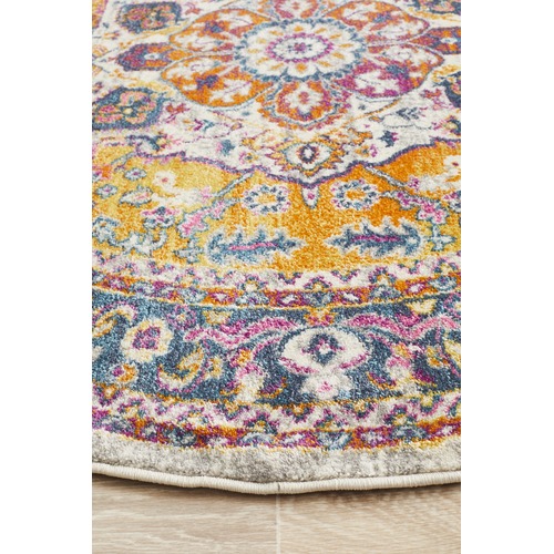 Multi-coloured Rust Florette Vintage Look Round Rug