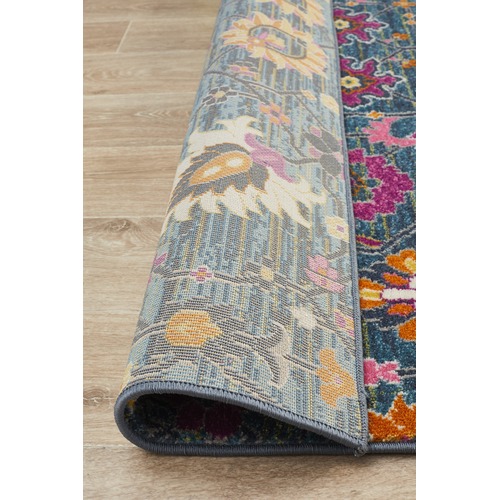 Blue Floral Field Vintage Look Round Rug