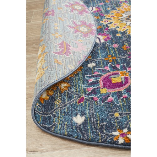 Blue Floral Field Vintage Look Round Rug