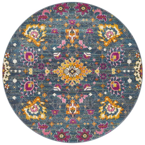 Blue Floral Field Vintage Look Round Rug