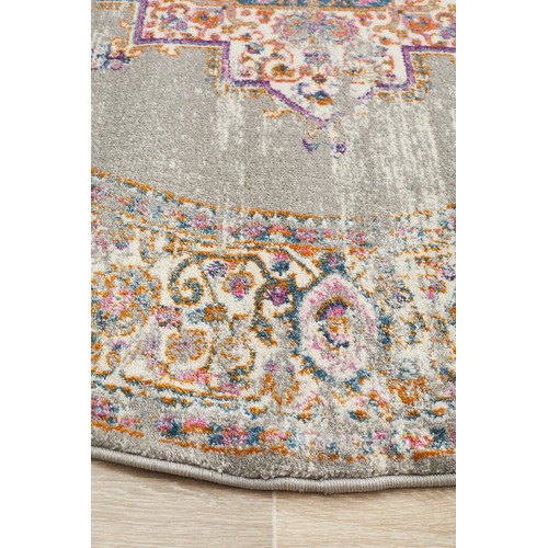Network Rugs Grey Oriental Vintage Look Round Rug Temple & ster