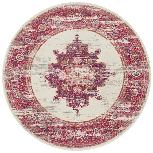 Pink & Ivory Oriental Vintage Look Round Rug