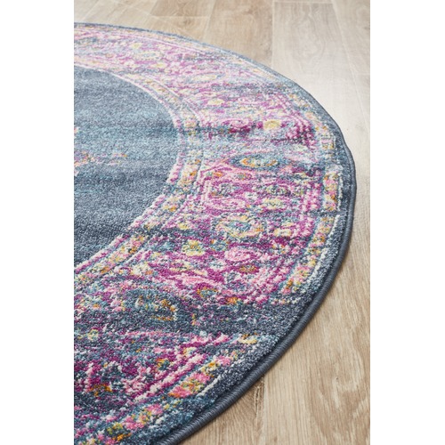 Navy & Fuchsia Oriental Vintage Look Round Rug