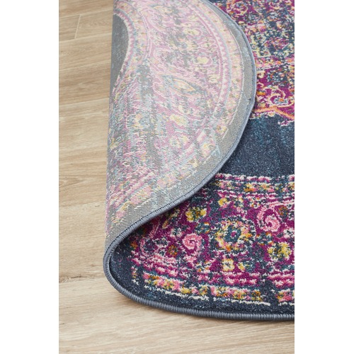 Navy & Fuchsia Oriental Vintage Look Round Rug