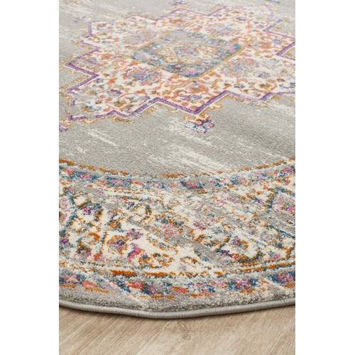 Grey Oriental Vintage Look Round Rug