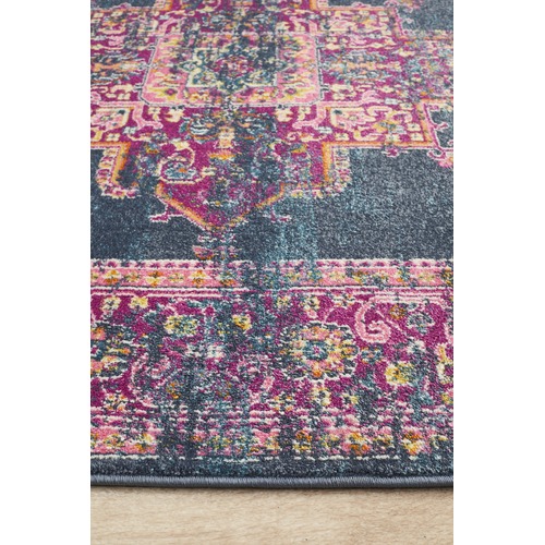 Navy & Fuchsia Oriental Vintage Look Round Rug