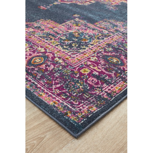 Navy & Fuchsia Oriental Vintage Look Round Rug