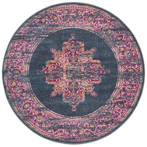 Navy & Fuchsia Oriental Vintage Look Round Rug