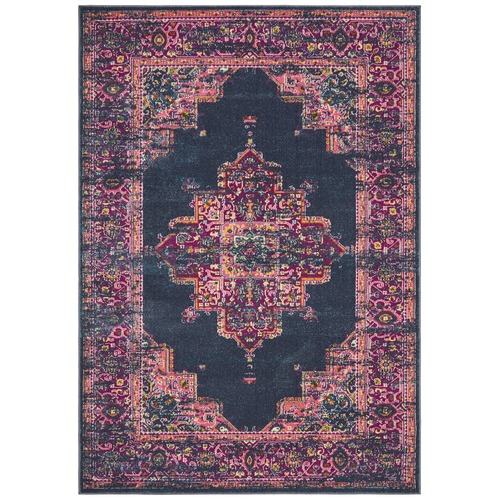 Navy & Fuchsia Oriental Vintage Look Round Rug