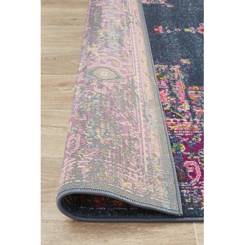 Navy & Fuchsia Oriental Vintage Look Round Rug