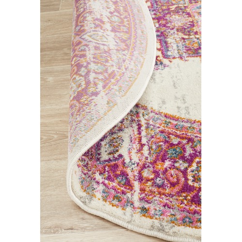 Network Rugs Pink & Ivory Oriental Vintage Look Round Rug Temple