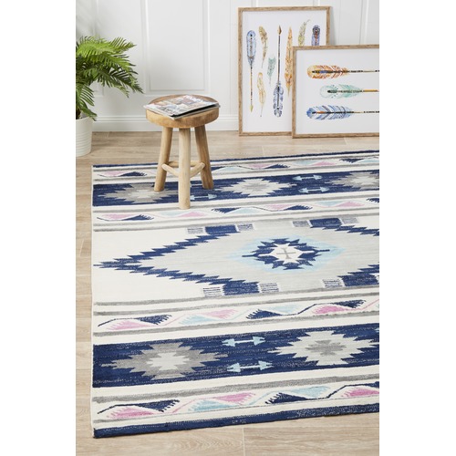 Navy & Ivory Pastel Boho Geometric Rug