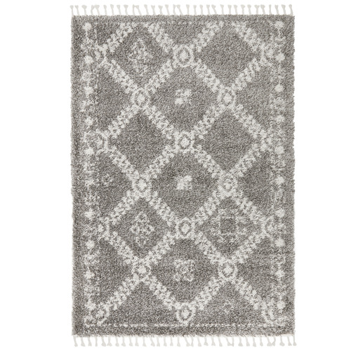 Pebble Grey Rabia Fringed Tribal Style Rug