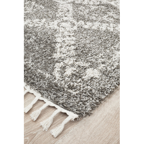 Pebble Grey Rabia Fringed Tribal Style Rug