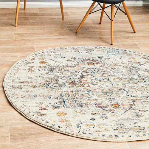 Cream Transitional Distressed Round Rug