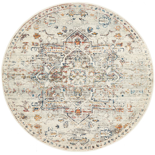 Cream Transitional Distressed Round Rug
