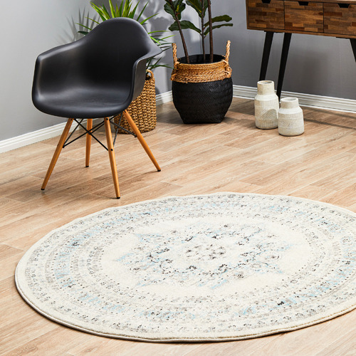 Network Rugs White & Blue Transitional Distressed Round Rug Temple & ster