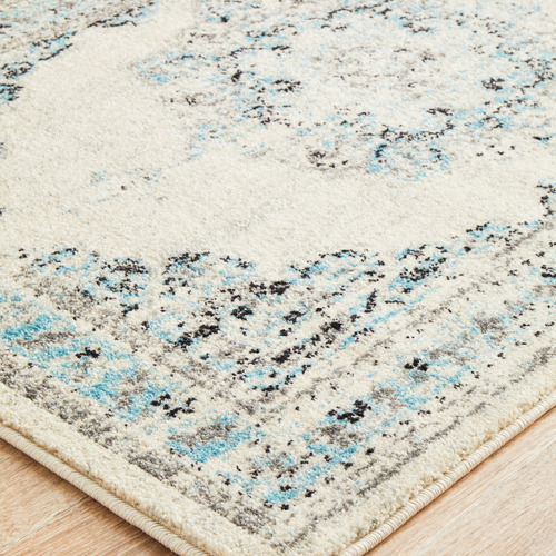 White & Blue Transitional Distressed Round Rug