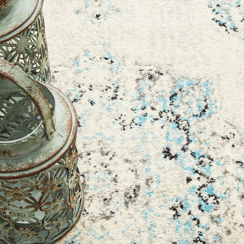 White & Blue Transitional Distressed Round Rug