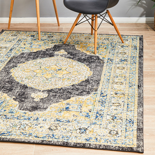 Yellow & Charcoal Transitional Distressed Round Rug