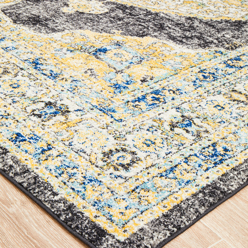 Yellow & Charcoal Transitional Distressed Round Rug
