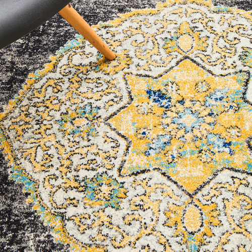 Yellow & Charcoal Transitional Distressed Round Rug