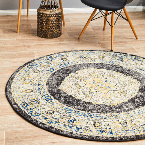 Network Rugs Yellow & Charcoal Transitional Distressed Round Rug Temple & ster