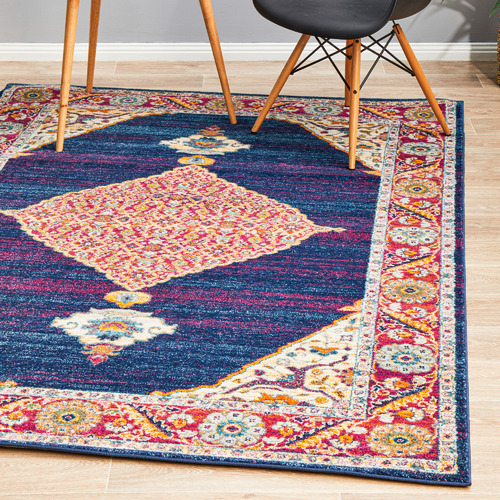 Royal Blue & Red Transitional Distressed Round Rug