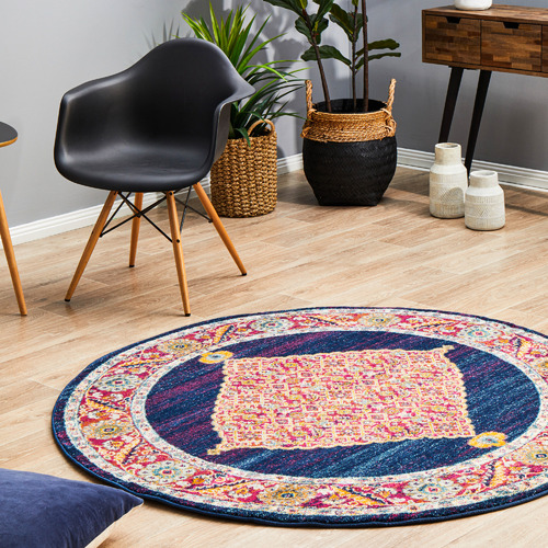 Royal Blue & Red Transitional Distressed Round Rug