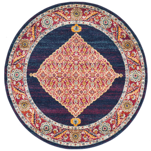 Royal Blue & Red Transitional Distressed Round Rug